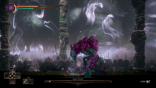 The Vessel landing a hit on one of the game's bosses for 66 damage - The Vessel's four essential metrics are located in the top left of the image and its mass on the bottom right. Grime Boss Battle Screenshot Windows.png