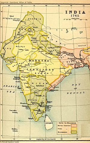 Oudh, the Doab (land between the Ganges and Jumna rivers), Rohilkhand, the Delhi territories, eastern Punjab, Rajputana and Kashmir, were affected by the Chalisa famine. India1765.jpg