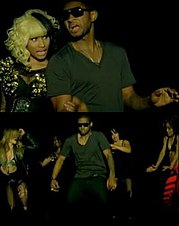 Usher in front of a backdrop with Minaj and dancing and being flaunted by dancers. Lilfreakvid.jpg