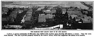 The Ludlow tent colony prior to the massacre. The caption reads: "Ludlow, a canvas community of 900 souls, was riddled with machine guns shooting 400 bullets a minute. Then the tents were burned. The site is private property leased by the miners' union, which has supported the colony seven months." Ludlowtentcolonyfromthesurvey.jpg
