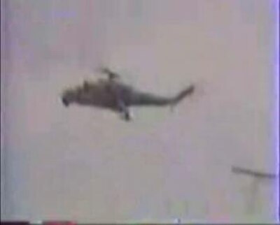 A Mil Mi-24 helicopter circling above the Shahumyan region during the first operation.