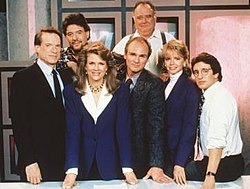 The cast of Murphy Brown (1988-96, from left): (front) Kimbrough, Bergen, Regalbuto, Ford, Shaud; (back) Pastorelli, Corley Murphy Brown original cast.jpg