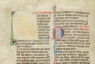 The large decorated or historiated initial from the start of Raimon's poems in chansonnier C has been cut out. On the right is the lesser decorated initial of the poem De servir a bon senhor. Raimon de Castelnou.png