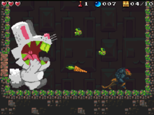 Rytlock does battle with a giant bunny rabbit boss. The figures and icons on the top of the screen indicate his health, baubles, and treasure found. RytlockBoss.png