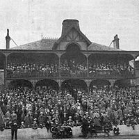 The pavilion of the second Ibrox Park. Built 1899, demolished 1928. Second Ibrox Park Pavilion 1900.jpg