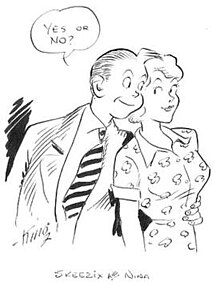 Promotional art by Frank King (circa 1941), highlighting Skeezix's marriage proposal to Nina Clock. Skeezixandnina.jpg