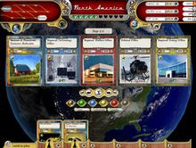 Core gameplay interface, showing policy cards available in 2020 for North America Fate of the World Ingame.png