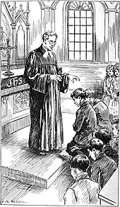 This Lutheran pastor administers the rite of confirmation on youth confirmands after instructing them in Luther's Small Catechism. LutheranClergy.JPG