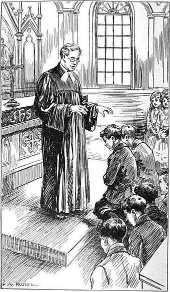 A Lutheran pastor wearing preaching bands while administering confirmation to youth