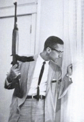 Malcolm X, carrying a rifle, peers out the window