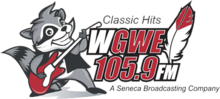 WGWE's logo as a Seneca Nation-owned classic hits station, along with its mascot Rocky the Rockin' Raccoon. WGWE-FM logo.png