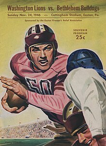 Program for the Bulldogs' late 1946 exhibition game against the Washington DC Lions, a touring all-black football team. Stock cover art was often used for game programs of this era, even at the NFL level. 461124-bethlehembulldogs-program.jpg