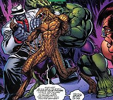 The Devil Hulk's alternate form restrained by the Savage Hulk and the Grey Hulk in The Incredible Hulk (vol. 3) #30, art by Joe Bennett DevilHulkAlt.jpg