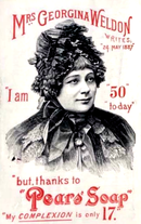 Advertisement showing a middle-aged woman in an extravagant hat, announcing that though aged 50 the soap has left her complexion youthful