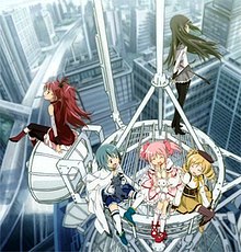 From left to right: Kyoko Sakura, Sayaka Miki, Madoka Kaname, Kyubey (in lap), Homura Akemi (standing), and Mami Tomoe Madokacharacters.jpg