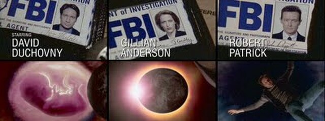 The new opening sequence for season eight, featuring Robert Patrick, as well as images alluding to Scully's pregnancy (lower left) and Mulder's disapp