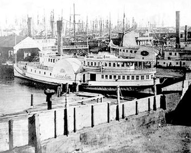 The shipping docks of Buena Vista Cove at the east end of Pacific Street during the 1860s (San Francisco History Center, San Francisco Public Library)