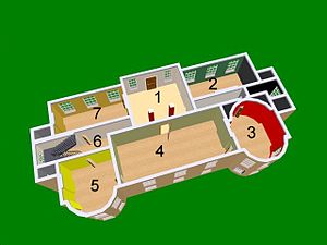 Buscot Park, the piano nobile. 1: Hall; 2: Dutch Room; 3: Dining Room; 4: Saloon; 5: Drawing Room; 6: Staircase Hall; 7: Sitting Room.