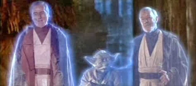 From left: Anakin Skywalker (Sebastian Shaw), Yoda (Frank Oz), and Obi-Wan Kenobi (Alec Guinness) appear as spirits at the end of the original version