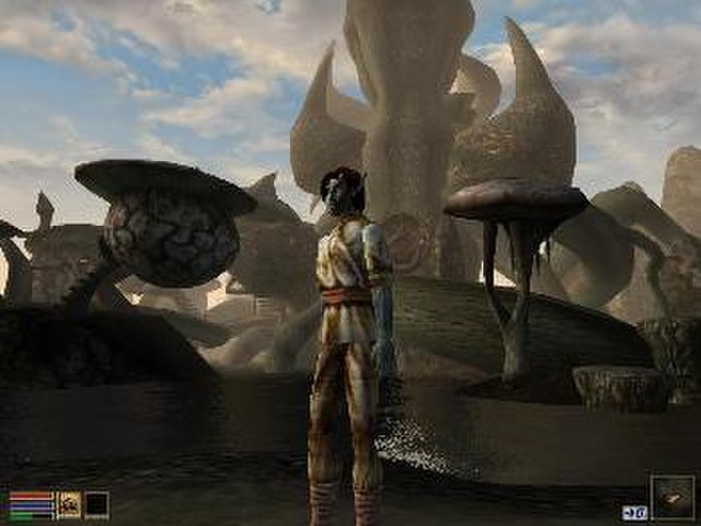 A third-person screenshot from the game, demonstrating Morrowind’s advanced graphics: pixel-shaded water; long render distances; and detailed textures