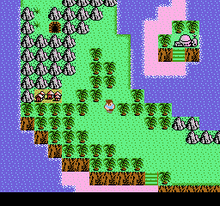 An overhead view of Mike's starting location in StarTropics, C-island, so named due to its resemblance to the letter "C" NES Startropics.png