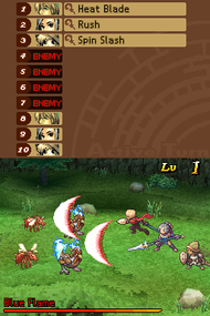 Combat in Radiant Historia uses a grid-based arena and turn-based battle system, incorporating manipulation of turn order and grid position. Radiant Historia screenshot; battle.png