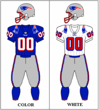 The uniforms worn by the Patriots in the early Kraft era from 1993 to 1999, with alterations specifically in the numbers, shoulders, and stripes between 1993-1995 before finally settling on a look until 2000. The face mask color also changed from silver in 1993 to red in 1994-present. AFC-1995-1999-Uniform-NE.png