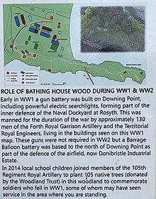 Part of an information board erected by the Community Woodlands Group in Bathing House Wood which provides some history of the Downing Point Battery and a site layout map Downing Point information board at Bathing House Wood.jpeg
