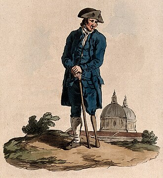 A Greenwich pensioner with a wooden leg pictured in 1813 Greenwich Pensioner with a wooden leg.jpg