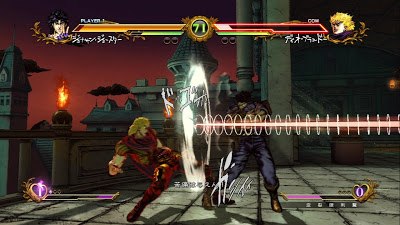 Jonathan Joestar (right) blocking an attack from Dio Brando (Phantom Blood version, left). The in game display includes a health bar, Guard Gauge, and