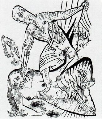 Sketch by Oskar Kokoschka of a scene from the play. Kokoschka Morder, Hoffnung der Frauen 1909 sketch.jpg