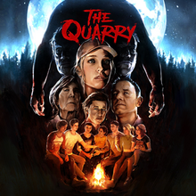 Cover art for The Quarry: a montage of the game's main and supporting characters, with a shadowy figure looming above them all.