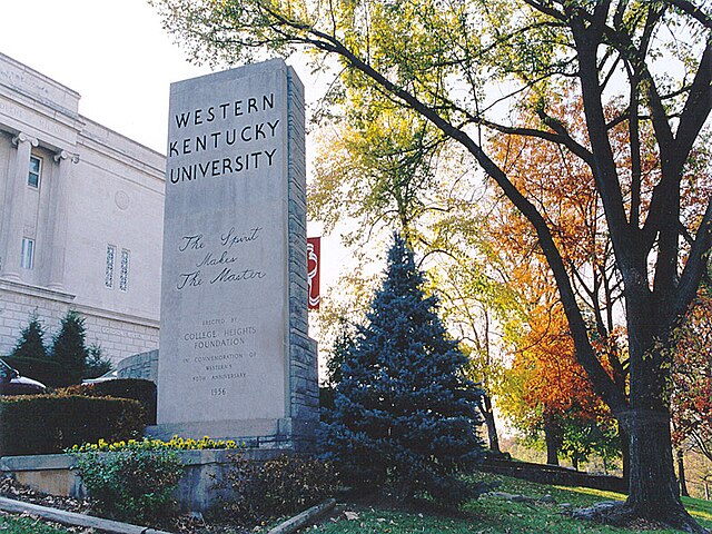 The Spirit Makes the Master, WKU's motto, is on the pylon at the entrance to the university.