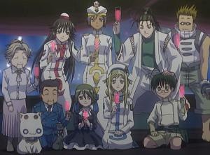 Supporting cast as they appear in the anime: from left to right, in front President Aria, Mr. Postman, President Hime, Ai, Alicia, and Al; in back "Gr