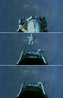 At 12:08 MDT and at an altitude of 39 kilometres, Baumgartner jumped from the capsule. These images span the first five seconds of the jump.