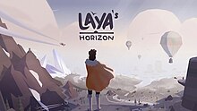 A woman in an orange cape looks across a mountainous terrain, with the title Laya's Horizon above her
