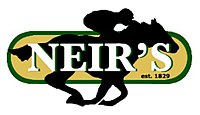 Silhouette d'un jockey sur un cheval avec le mot Neir's superposé