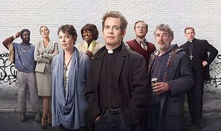 Main and recurring cast of Rev. From left to right: Jimmy Akingbola, Lucy Liemann, Olivia Colman, Ellen Thomas, Tom Hollander, Miles Jupp, Steve Evets
