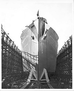 Oregon Shipbuilding Corporation's SS Davidson Victory on ways SS Davidson Victory in March 1945.jpg