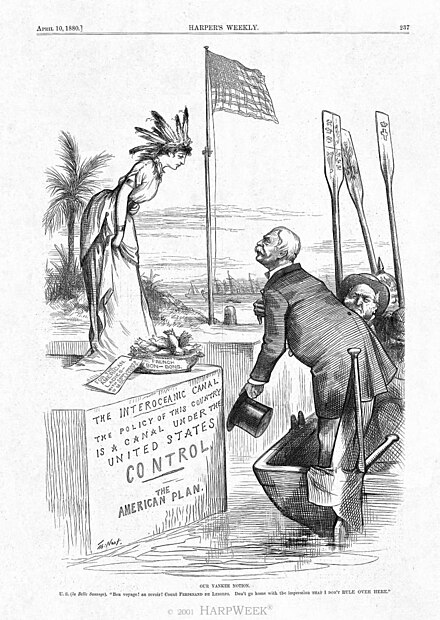 the United States ( Columbia) rejects De Lesseps plan for a French-owned Panama Canal. By Thomas Nast, April 10, 1880, Harper's Weekly