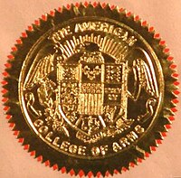 A seal bearing the arms of The American College of Heraldry and Arms. American College of Heraldry and Arms Seal.jpg