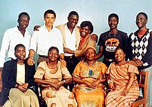 Front row (left to right): Auma Obama (Barack's half-sister), Kezia Obama (Barack's stepmother), Sarah Hussein Onyango Obama (third wife of Barack's paternal grandfather), Zeituni Onyango (Barack's aunt)
Back row (left to right): Sayid Obama (Barack's uncle), Barack Obama, Abongo [Roy] Obama (Barack's half-brother), unidentified woman, Bernard Obama (Barack's half-brother), Abo Obama (Barack's half-brother) Barack Obama's Kenyan relatives.jpg