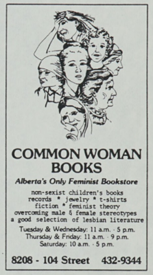 Common Woman Books Advertisement from page 2 of the December 1982 issue of Womonspace Newsletter.