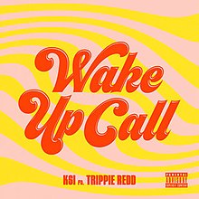 Der Titel „Wake Up Call“ erscheint in großer roter Schrift in der Mitte eines gelb-rosa Hintergrunds.Die Namen der Künstler erscheinen in kleiner roter Schrift unten.