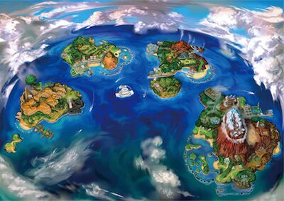 The Alola region comprises several islands of varying sizes; from left to right: Exeggutor Island, Poni Island, Melemele Island, Akala Island, and Ula