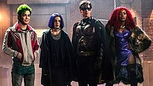 The Titans as they appear in the first season (L-R): Gar (Ryan Potter), Rachel (Teagan Croft), Dick (Brenton Thwaites), and Kory (Anna Diop) Titans TV cast members.jpeg