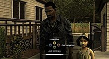 A screenshot showing dialog choices. At certain points in the game's conversation trees, the player will have a limited amount of time to respond, shown at the bottom of this screen. If they don't respond in time, the game will default to the "no statement" (ellipses) option. Walking dead telltale game dialog screenshot.jpg