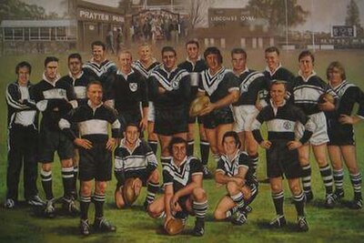 This painting of the Western Suburbs Magpies Team of the Century hangs in Wests Ashfield Leagues Club.