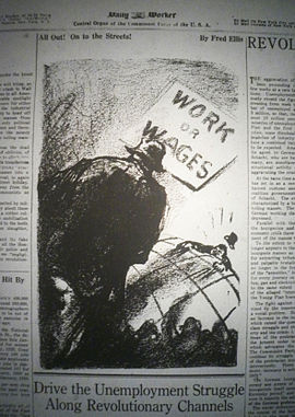 Cartoon by Fred Ellis published in the Daily Worker on International Unemployment Day highlighting one of the American Communist Party's mobilizing slogans. Editorial cartoon (by Fred Ellis, for the Daily Worker, March 6 1930).jpg