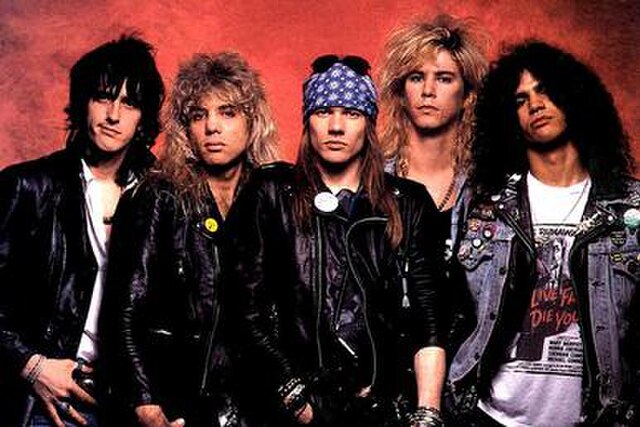 Guns N' Roses classic lineup, from left to right, Izzy Stradlin, Steven Adler, Axl Rose, Duff McKagan, & Slash